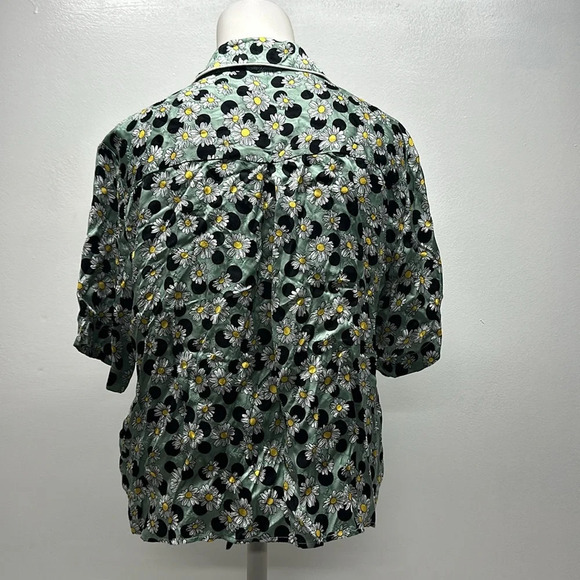 Sandro Blouse Top Shirt Short Sleeve Tie Front Daisy Floral Green New Size Large - Picture 4 of 12